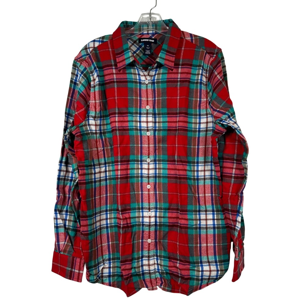 Lands End Womens 16 Red Green Plaid Flannel Button Down Shirt 100% Cotton